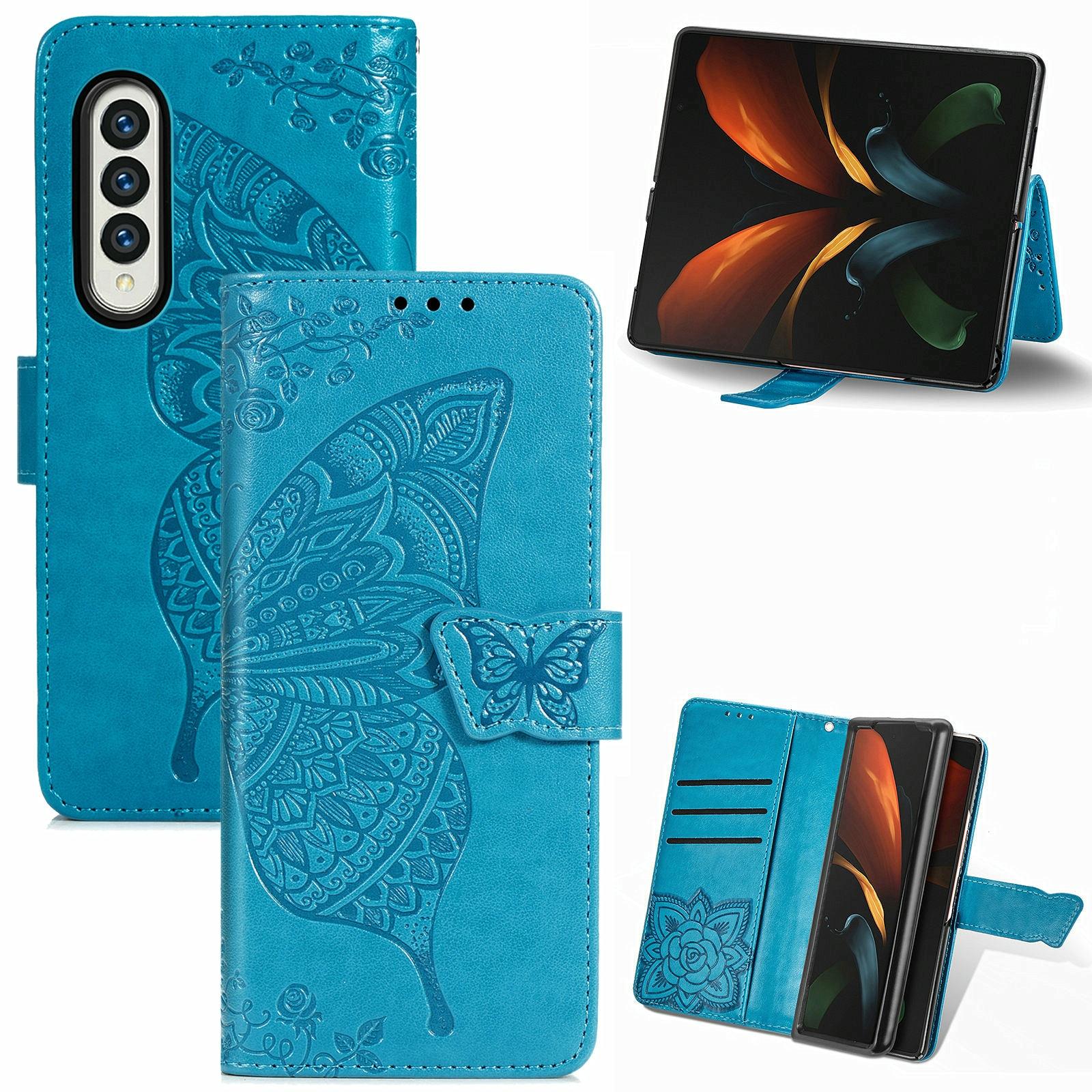 V562-B104859100AYS-202503211331-00 For Samsung Galaxy Z Fold4 5G Embossed Butterfly Love Leather Case - Flower Design - Blue - Image 1