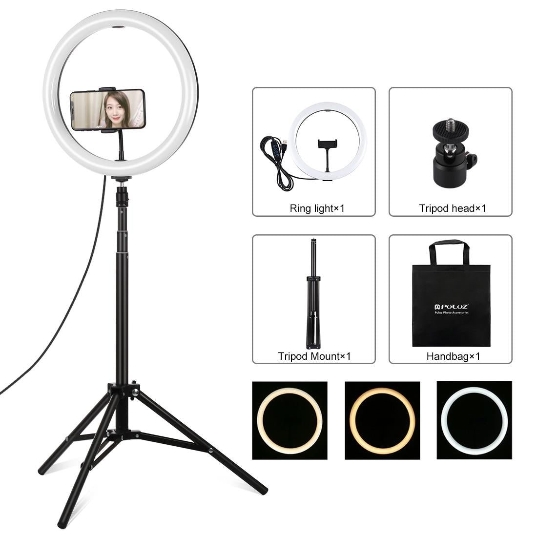V562-B1603TKP-202502212100-00 11.8 Led Ring Light with Tripod and Phone Clamp - 3 Modes Dual Colour Temperature Dimmable - Black - Image 1