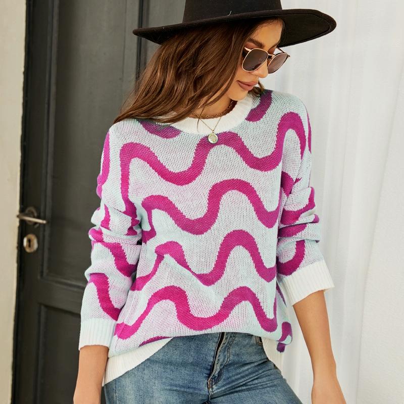 V562-B2018123060DBT-202505261937-00 Women Casual Pullover Sweater Round Neck Wave Pattern Collision Colour Knitted Sweater - Size M Black - Pink - Image 1