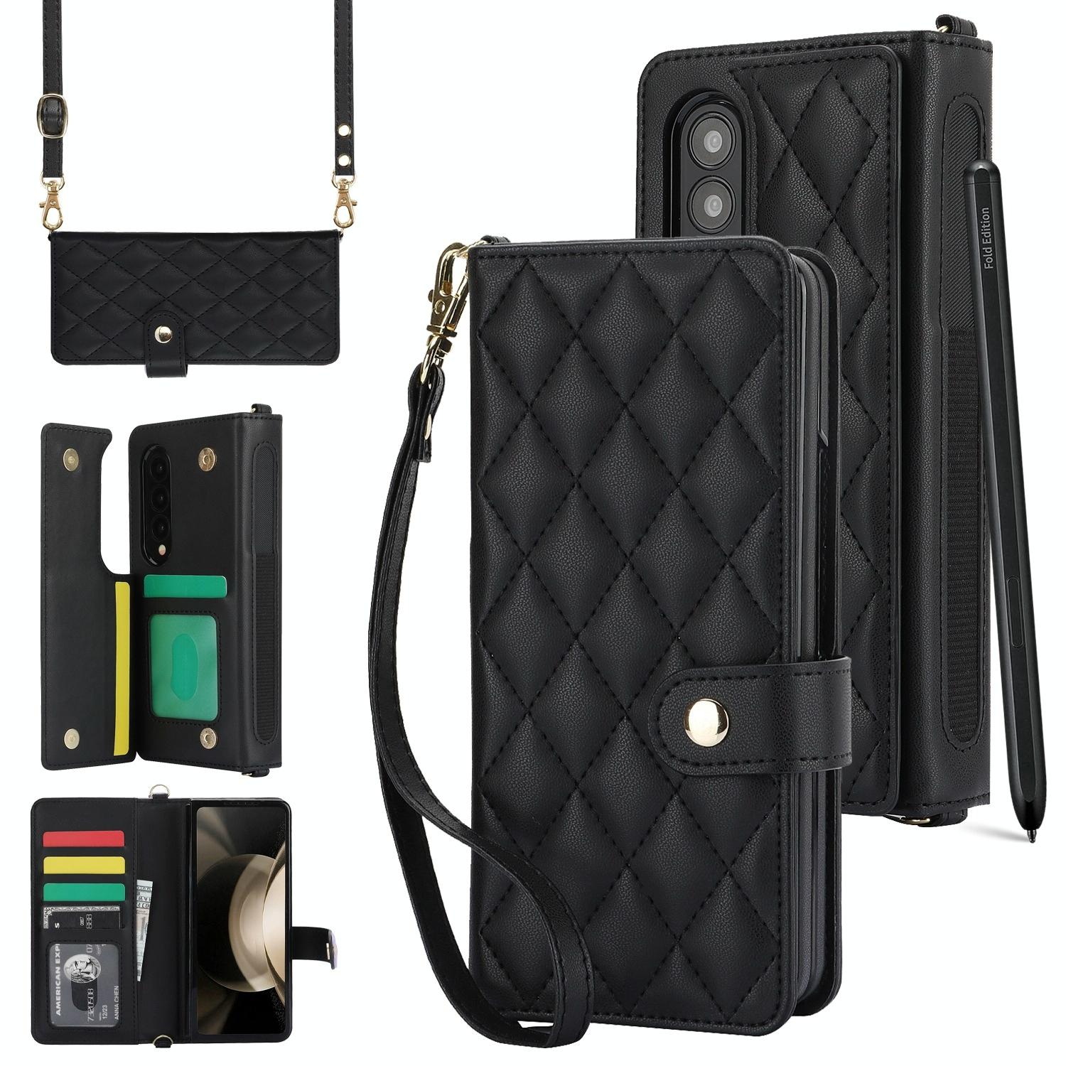 V562-B205225600ADE-202504292047-00 For Samsung Galaxy z Fold4 5G Multifunctional Rhombic Leather Crossbody Phone Case - Black - Image 1