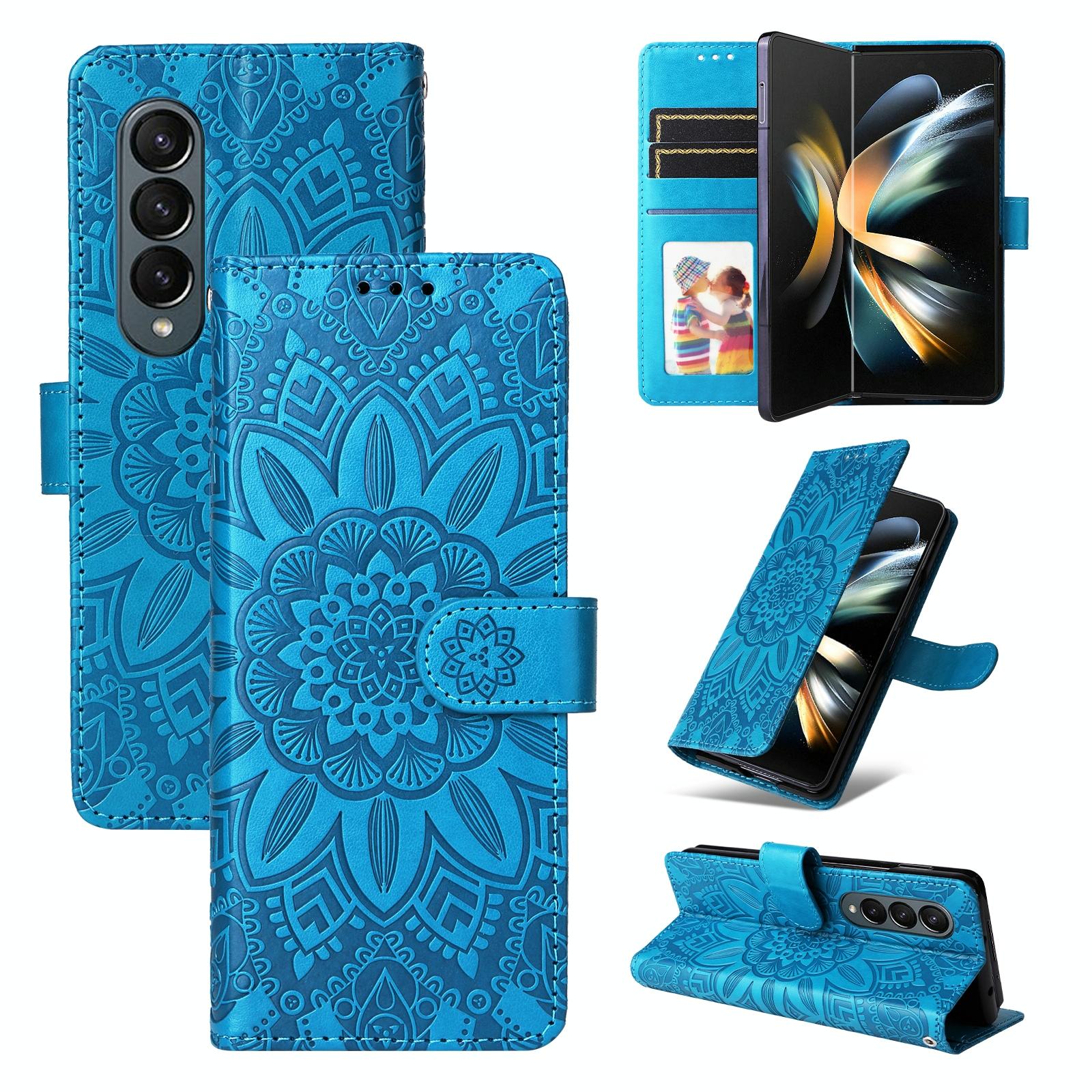 V562-B205363400ADE-202503211410-00 For Samsung Galaxy Z Fold4 5G Sunflower Embossed Leather Phone Case - Blue - Image 1