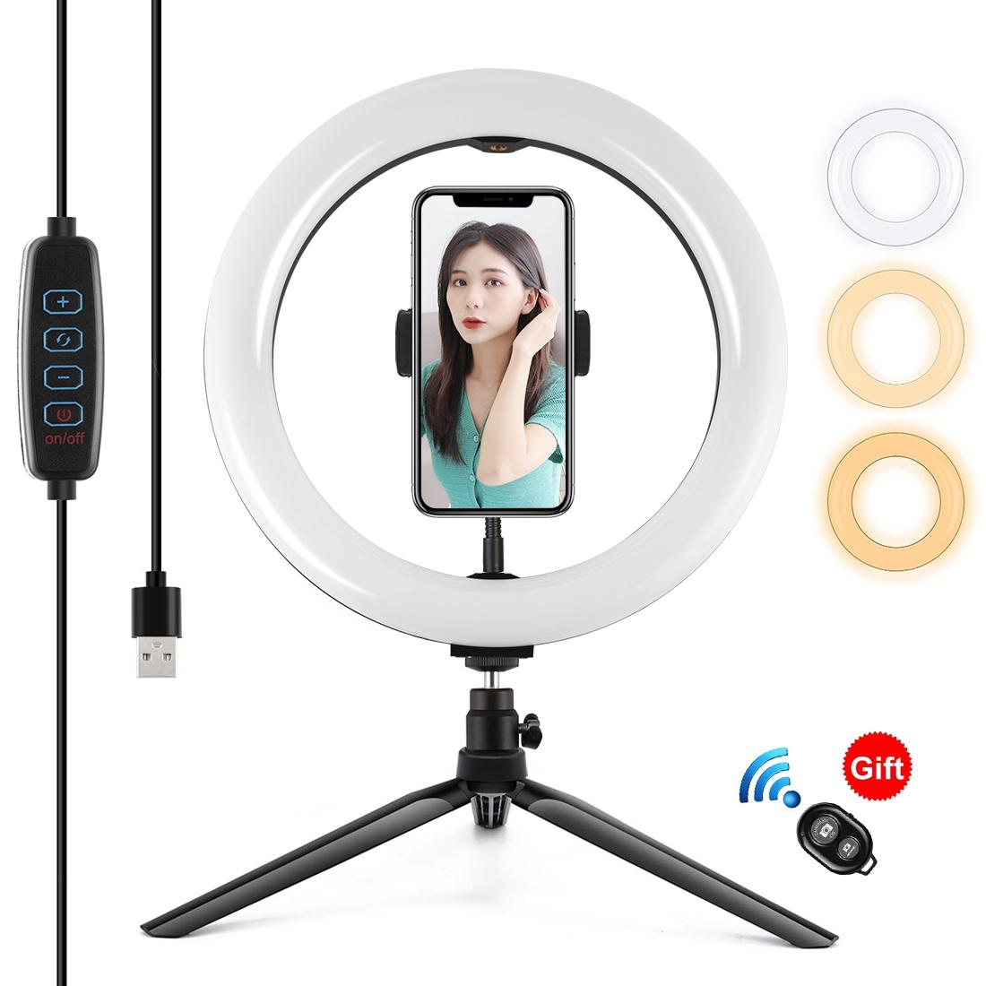 V562-B2703TKP-220037-00 10.2 Led Ring Light with Tripod and Phone Clamp - 3 Modes Dual Colour Temperature Dimmable - Black - Image 1