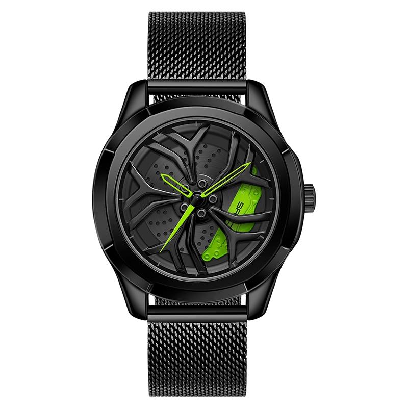 V562-B301432200ADE-202505212010-00 Men Mesh Belt Quartz Watch with 3d Hollow out Wheel - Black Green - Image 1