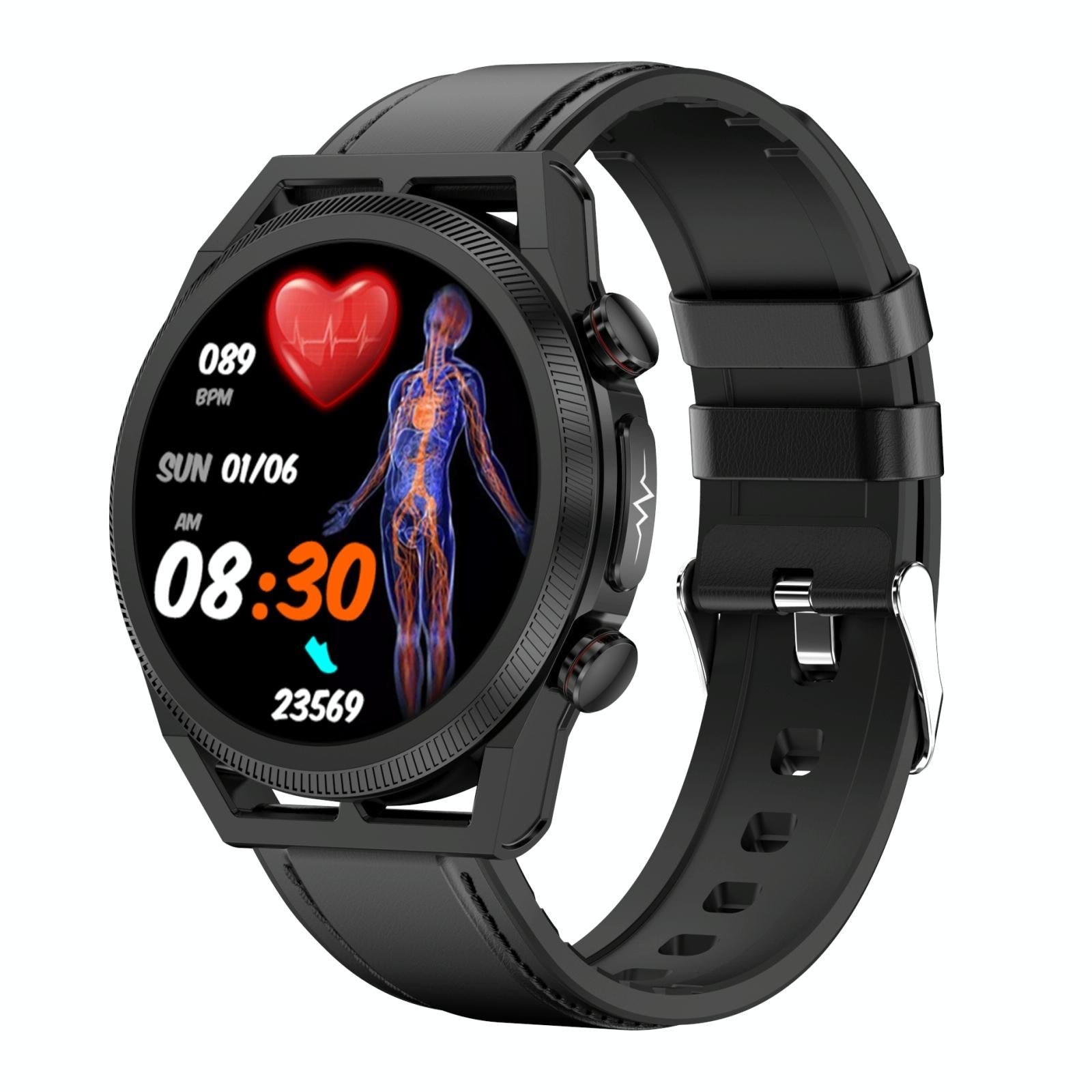 V562-B7678AC-202504251838-00 1.39 Inch Ips Screen Ip67 Waterproof Leather Band Smart Watch Support Body Temperature Monitoring / Ecg - Black - Image 1