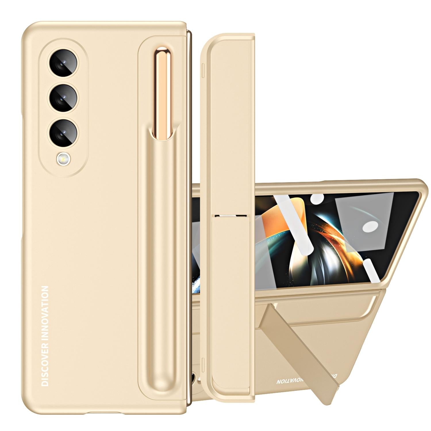V562-C100750400ADE-202505291338-00 For Samsung Galaxy z Fold4 5G Samsung Galaxy z Fold4 2-in-1 Detachable Folding Case with Holder & Pen Slot - Beige - Image 1
