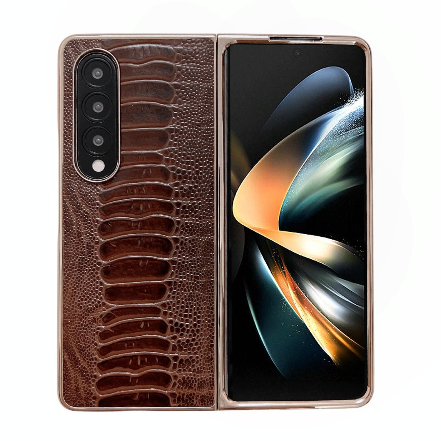 V562-C101086300ADE-202505221942-00 For Samsung Galaxy Z Fold4 5G Genuine Leather Nano Plating Phone Case - Coffee - Image 1