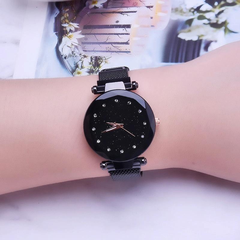 V562-C1031760020DBT-202504161906-00 Starry Diamond Geometric Quartz Watch with Magnet Buckle - Luxury Mesh for Women - Black - Image 1