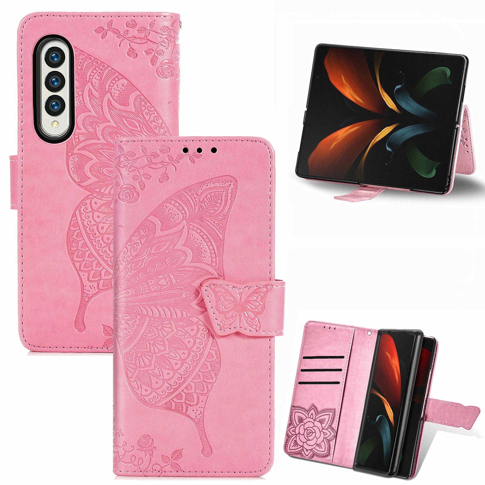 V562-C104859100AYS-202503211331-00 For Samsung Galaxy Z Fold4 5G Embossed Butterfly Love Leather Case - Flower Design - Pink - Image 1