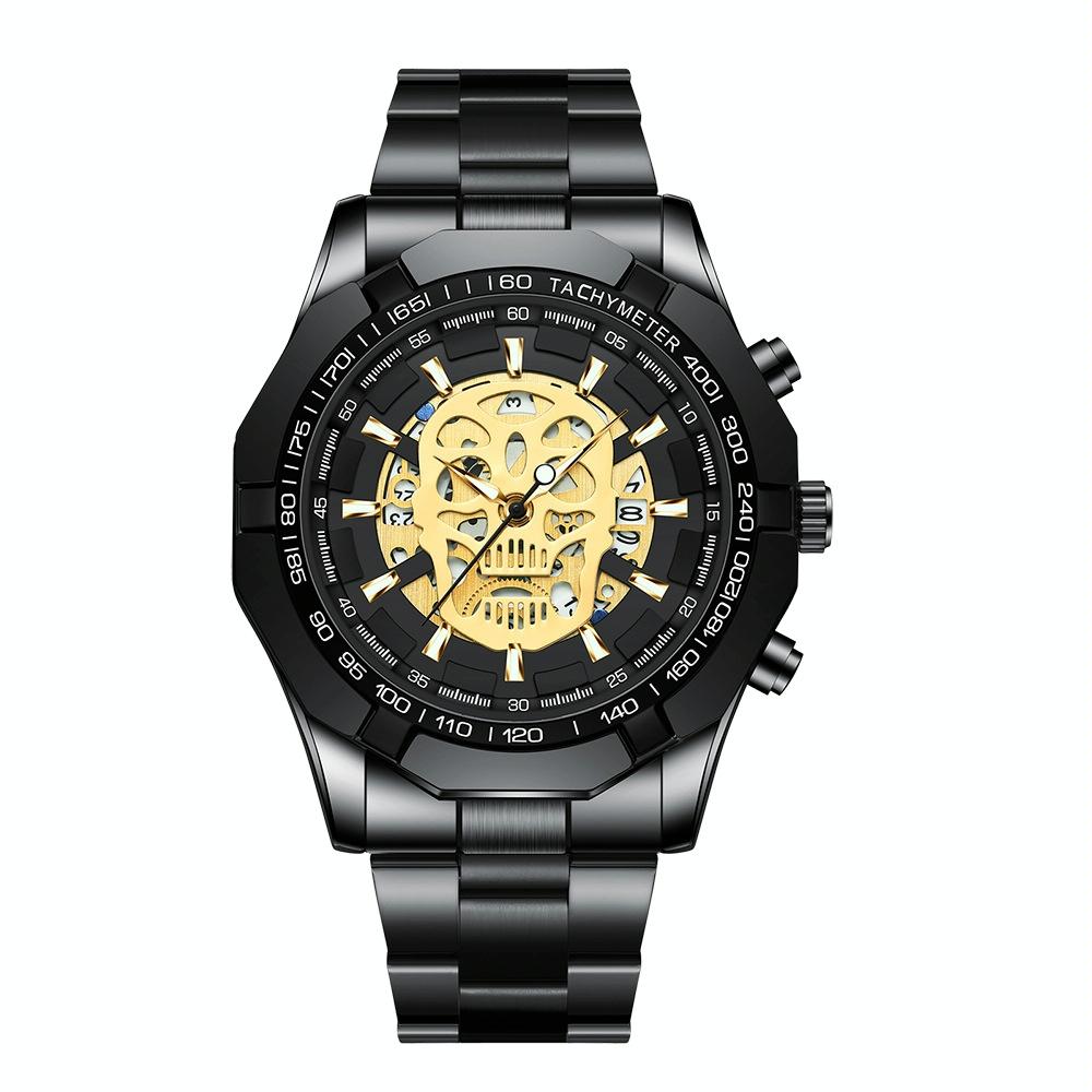 V562-C1097343060DBT-202504161905-00 Waterproof Luminous Skeleton Watch - 30m - Black Steel Black Gold Nail - Image 1