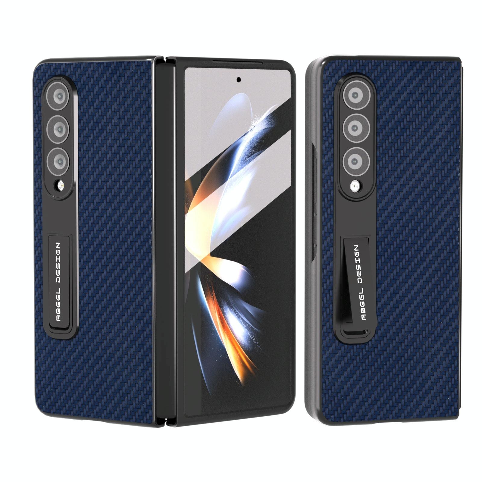 V562-C202707400ADE-202505221916-00 For Samsung Galaxy Z Fold4 5G Carbon Fiber Phone Case With Holder - Dark Blue - Image 1