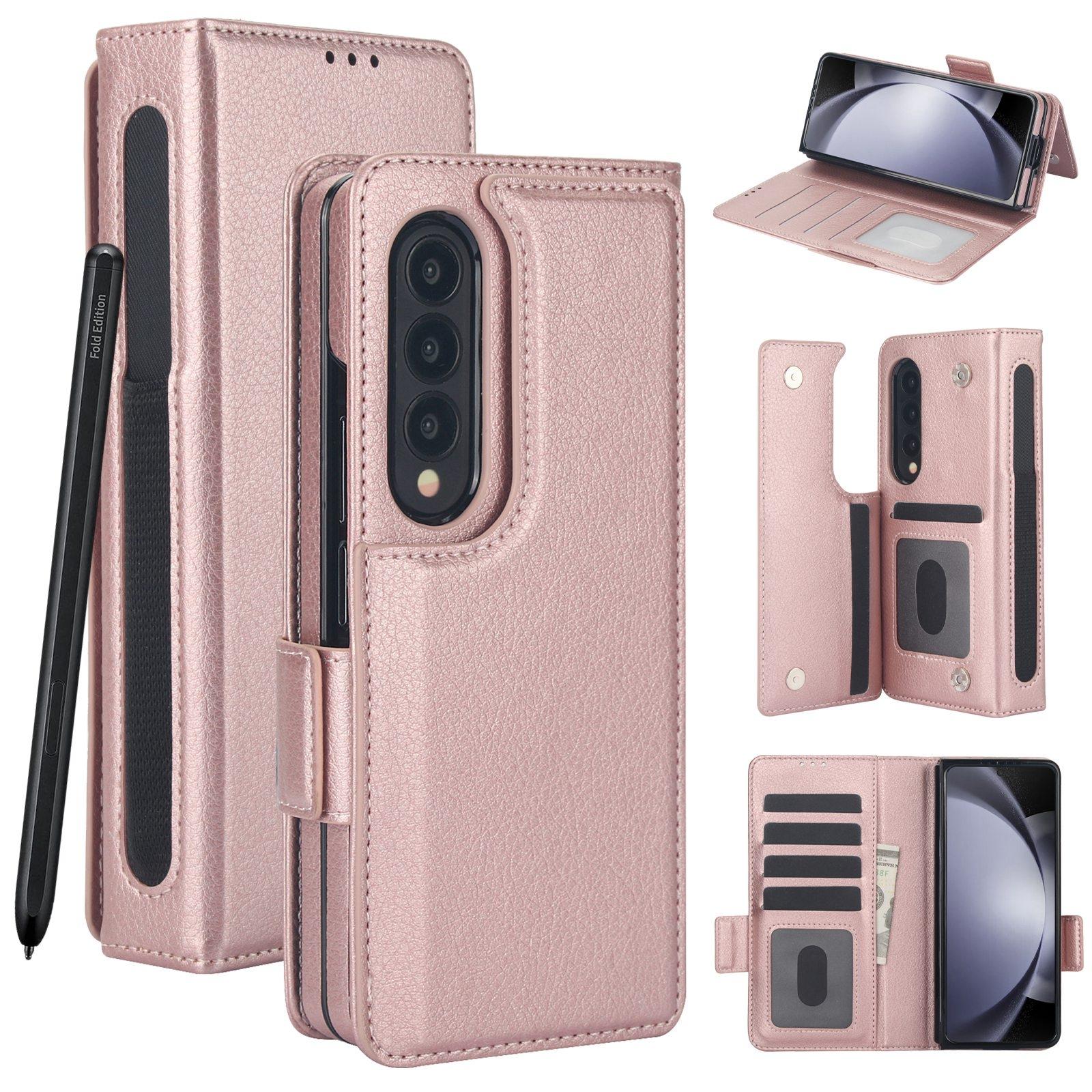 V562-C203215600ADE-202505221941-00 For Samsung Galaxy Z Fold4 5G Leather Phone Case With Pen Slot - Rose Gold - Image 1