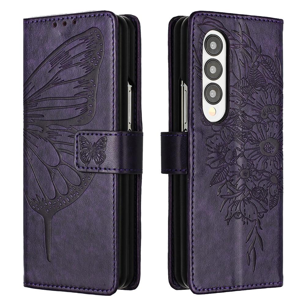 V562-C208387300ADE-227090-00 For Samsung Galaxy z Fold4 5G Butterfly Embossed Leather Phone Case - Dark Purple - Image 1