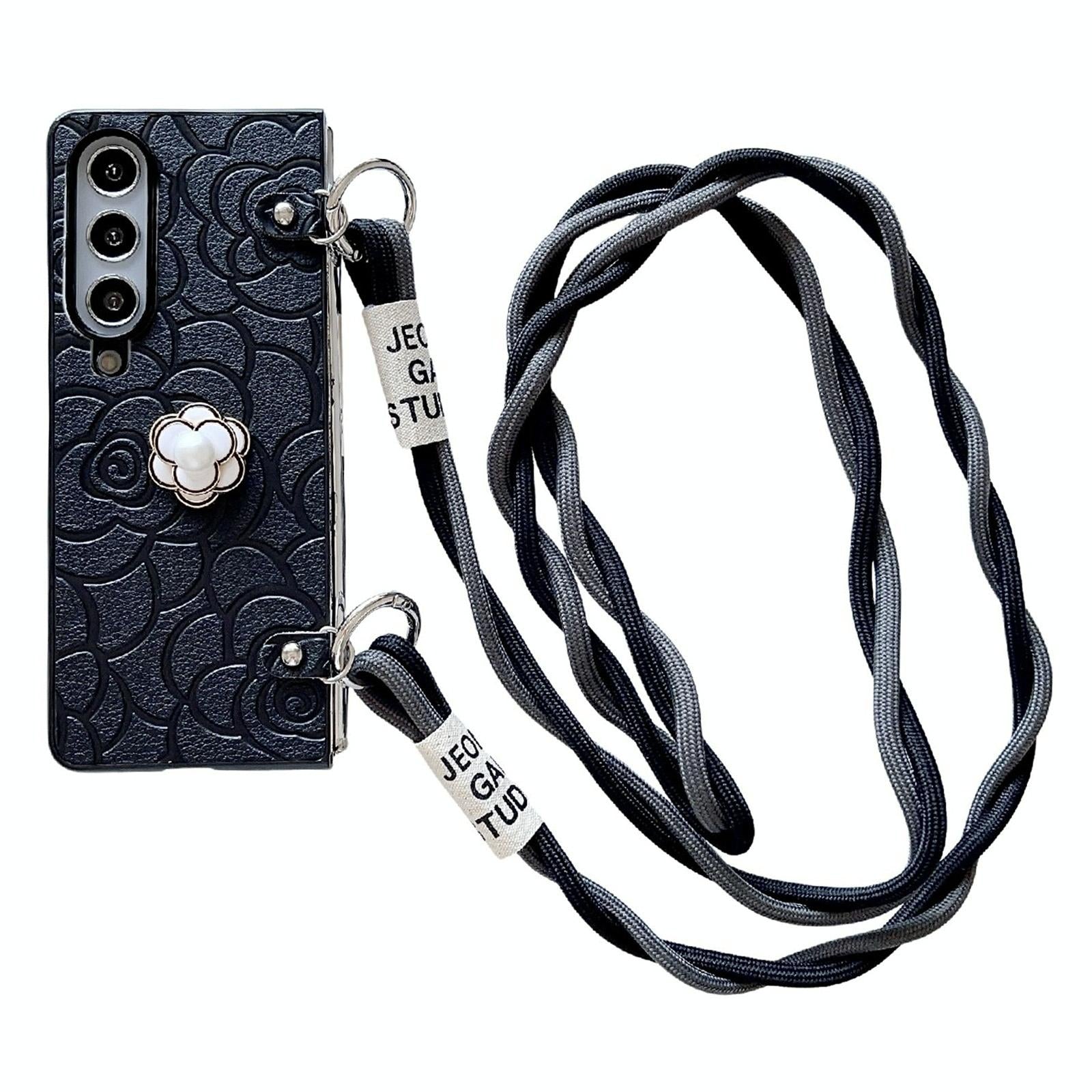 V562-C502500600ADE-202505221915-00 For Samsung Galaxy Z Fold4 5G Camellia Pattern Phone Case With Lanyard - Black - Image 1