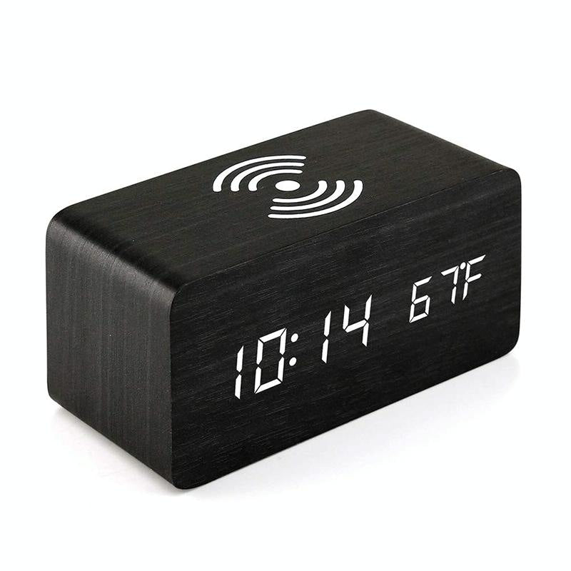 V562-D100587100ADE-202504212028-00 5W Wooden Wireless Charger With Led Mirror Display And Sub Alarm Clock - Black Wood - Image 1