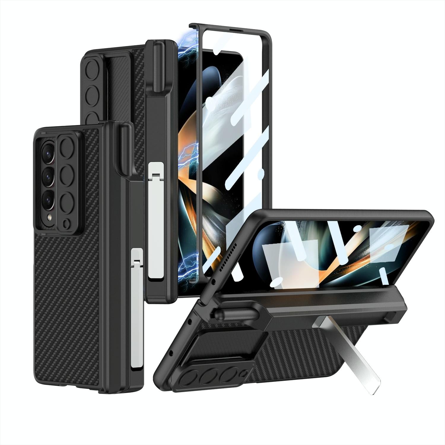 V562-D103859500ADE-202505291243-00 For Samsung Galaxy Z Fold4 5G Magnetic Leather Flip Case With Holder - Carbon Fiber - Image 1