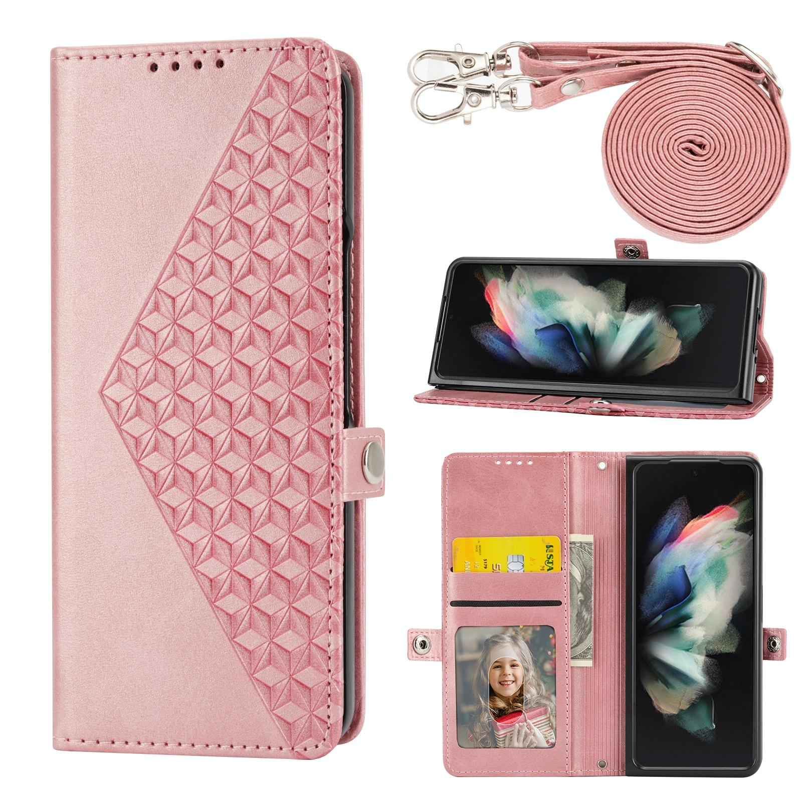 V562-D106957300ADE-202503211311-00 For Samsung Galaxy Z Fold4 5G Leather Grid Texture Phone Case With Lanyard - Rose Gold - Image 1