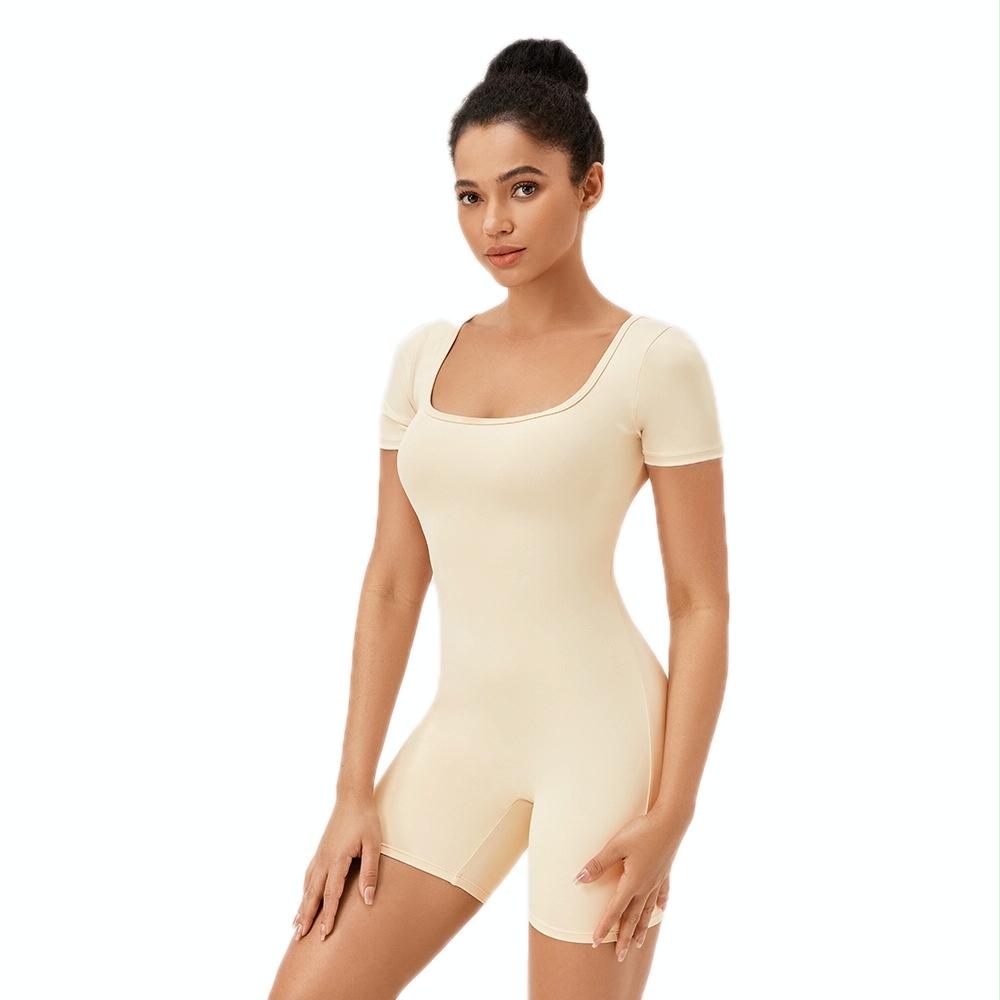 V562-D1081705060DBT-202503262015-00 Quick Drying Women Square Neck Yoga Jumpsuit - White Apricot - S - Image 1