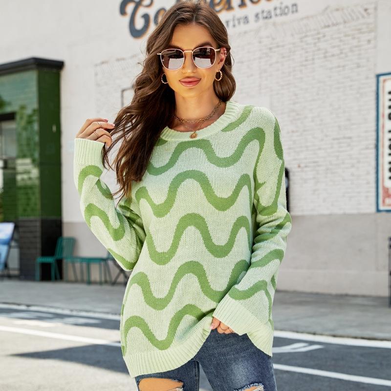 V562-D2018123060DBT-202505261937-00 Women Casual Pullover Sweater Round Neck Wave Pattern Collision Colour Knitted Sweater - Size M Black - Green - Image 1