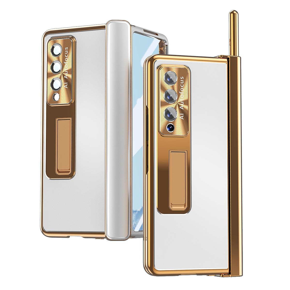 V562-D202863300ADE-202503211305-00 For Samsung Galaxy Z Fold4 5G Shockproof Aluminum Double Hinge Case - Silver Gold - Image 1