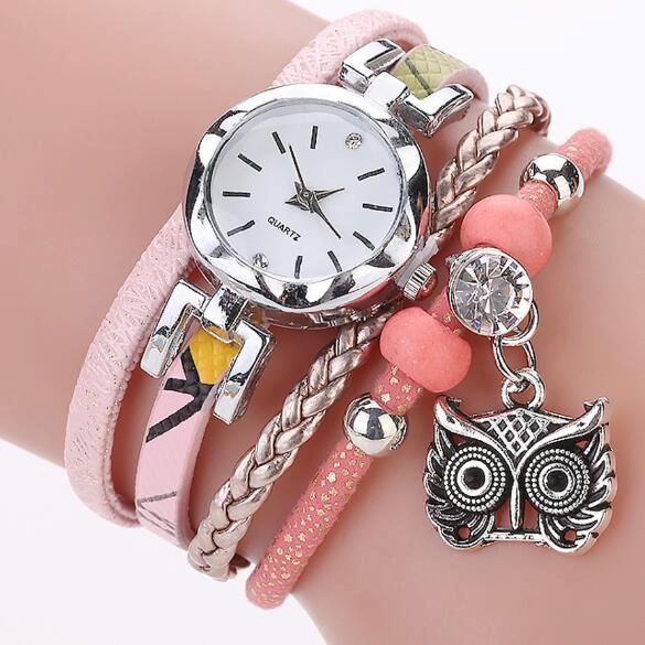 V562-E101371250DBT-202505271122-00 Owl Pendant Bracelet Watch for Women - Small Dial - Pink - Image 1