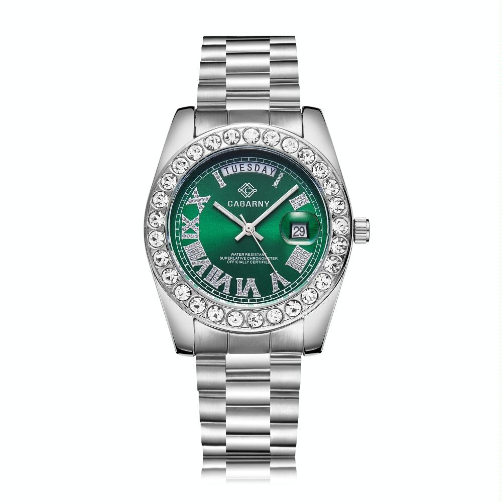 V562-E101399200ADE-223831-00 Men Quartz Watch with Diamond-encrusted Roman Numeral Dial - Silver Shell Green Dial - Image 1