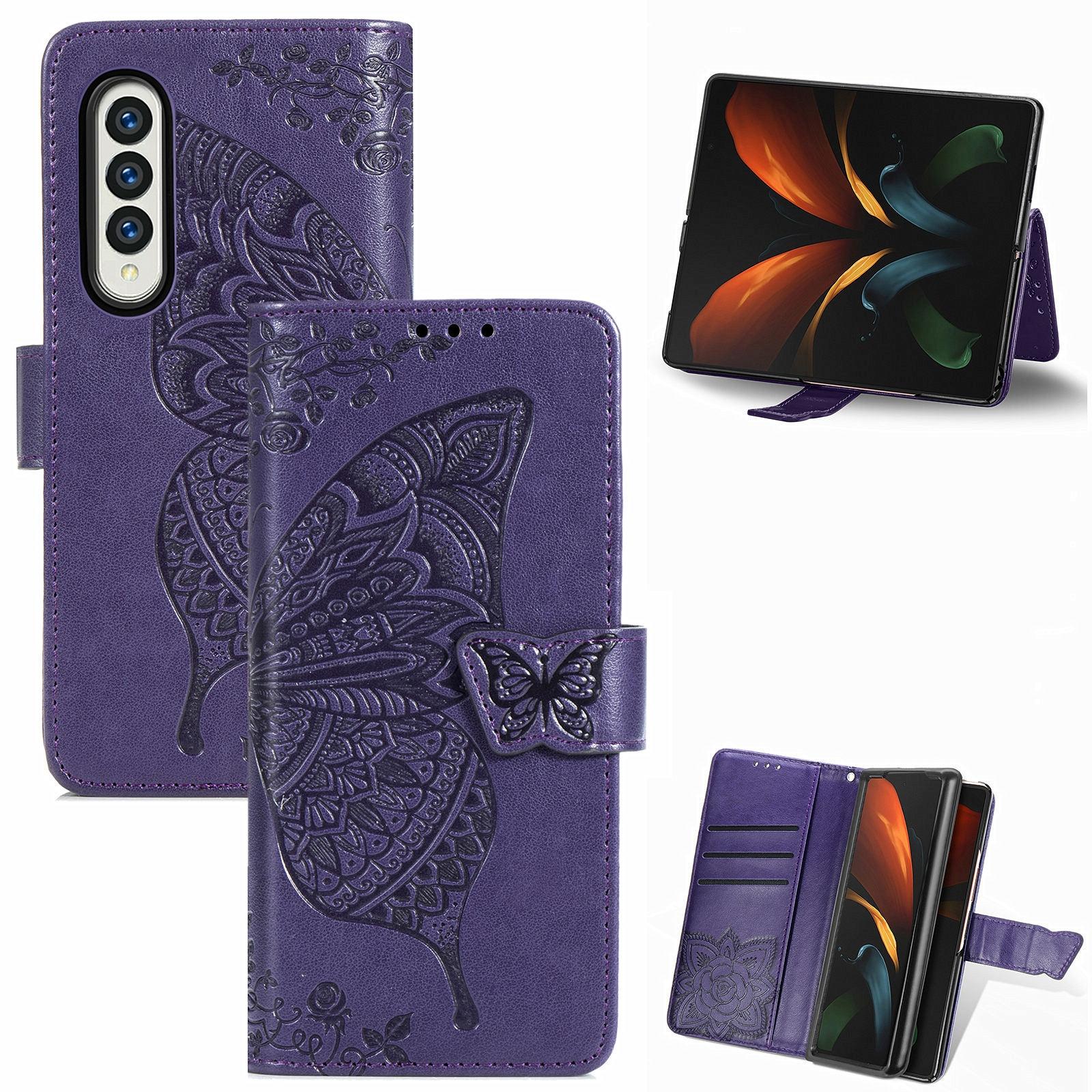 V562-E104859100AYS-202503211331-00 For Samsung Galaxy Z Fold4 5G Embossed Butterfly Love Leather Case - Flower Design - Dark Purple - Image 1