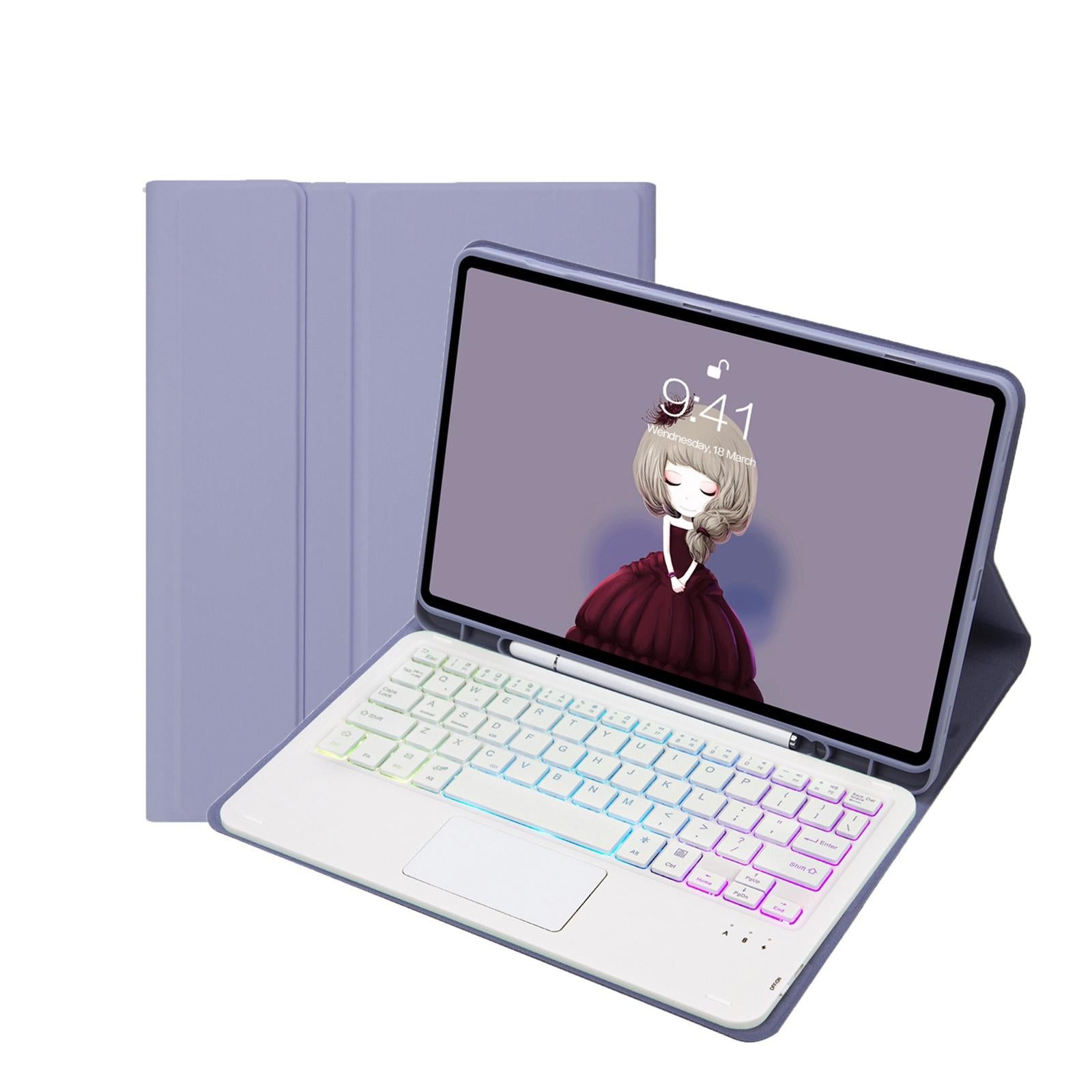 V562-E200610300ADE-202504291846-00 Bluetooth Keyboard Leather Tablet Case For Ipad 10.2 / 10.5 / Air 2019 With Touch Pad & Backlight - Purple - Image 1