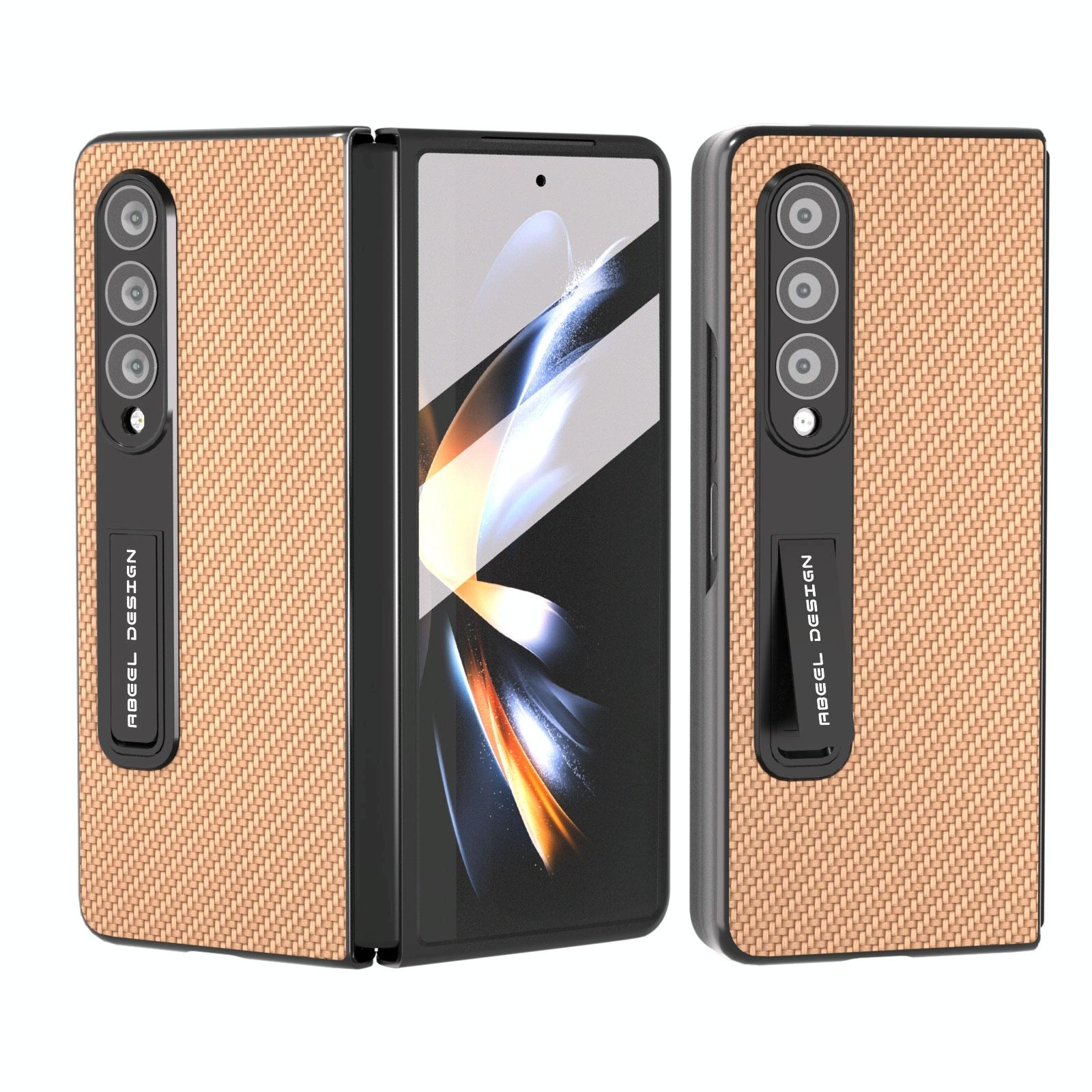 V562-E202707400ADE-202505221916-00 For Samsung Galaxy Z Fold4 5G Carbon Fiber Phone Case With Holder - Gold - Image 1