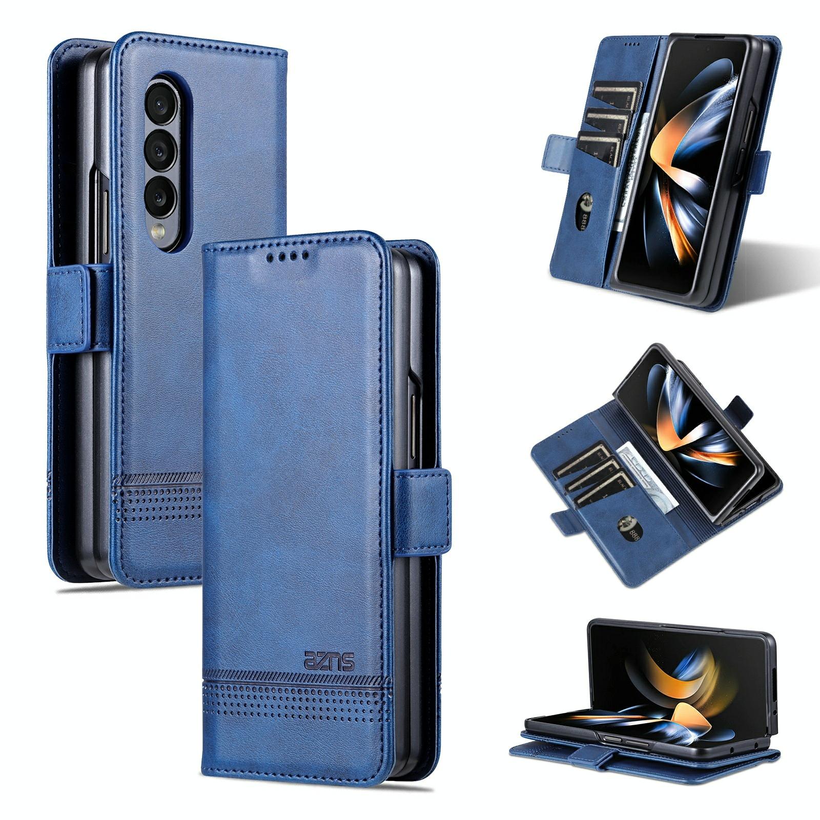 V562-E203738300ADE-202505221910-00 For Samsung Galaxy Z Fold4 5G Leather Magnetic Phone Case - Calf Texture - Dark Blue - Image 1