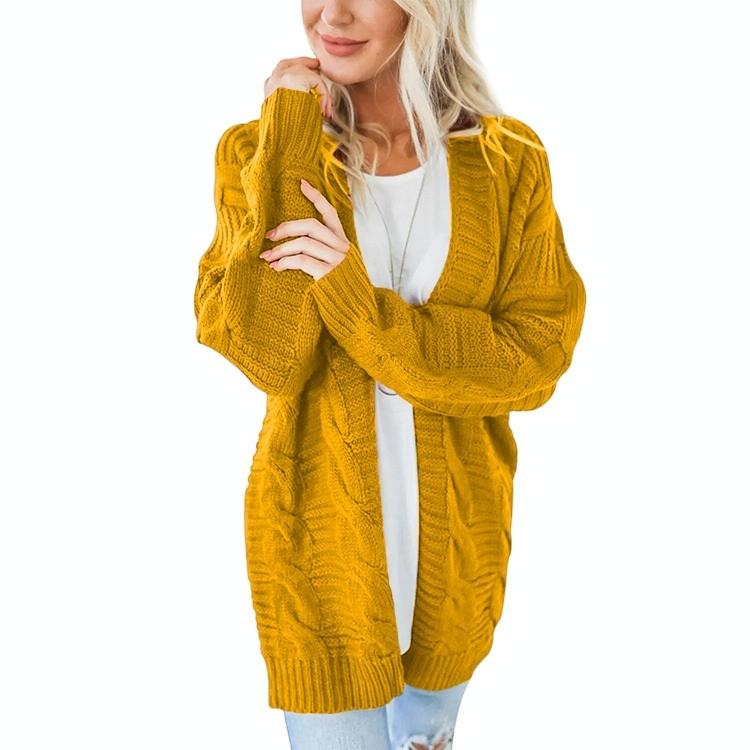 V562-EA95537544YZ-202505262052-00 Mid-Length Style Solid Colour Thick Thread Twist Cardigan Knit Sweater Grey - S - Yellow - Image 1