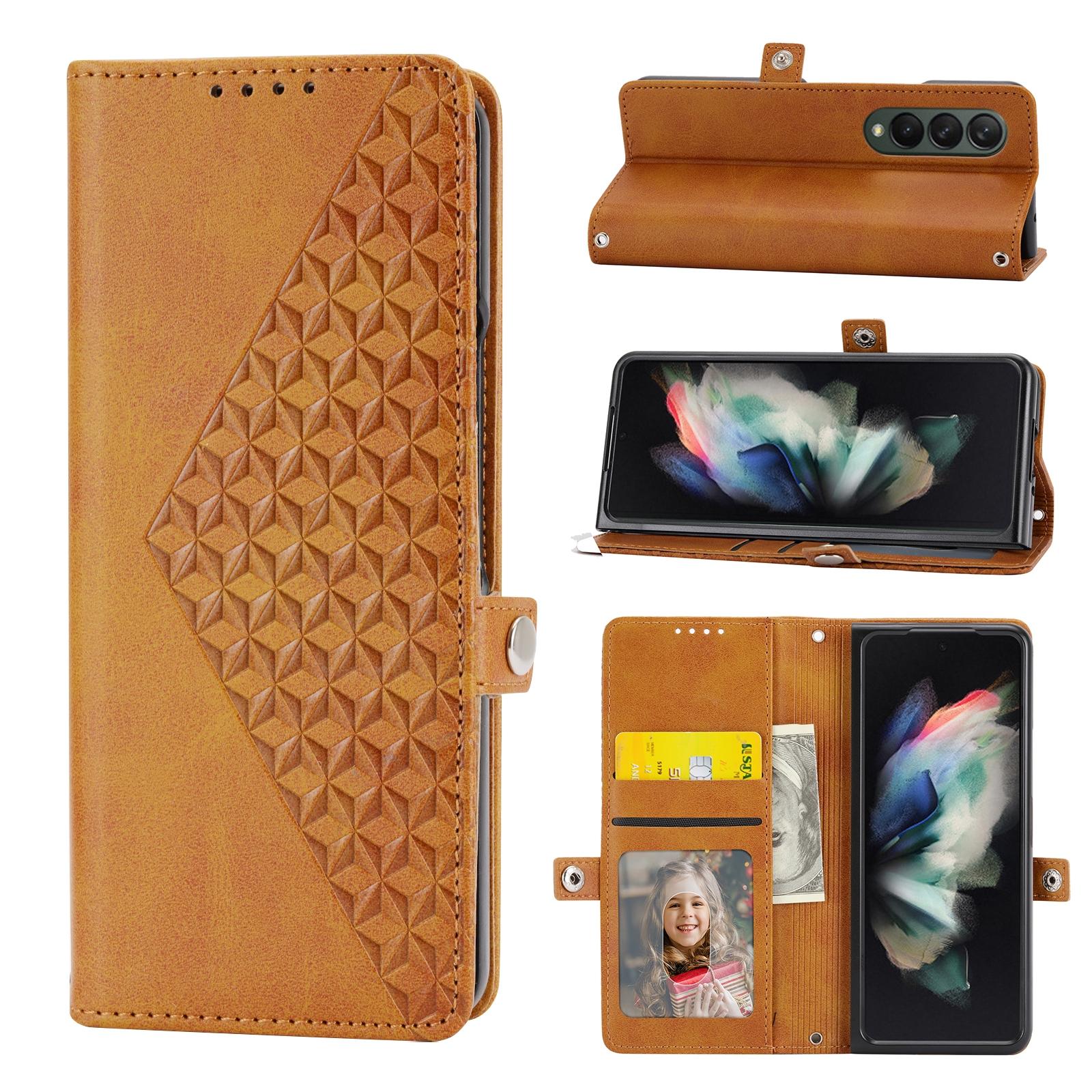 V562-F103857300ADE-202505221922-00 For Samsung Galaxy Z Fold4 5G Textured Leather Phone Case - Cubic Grid Design - Yellow - Image 1