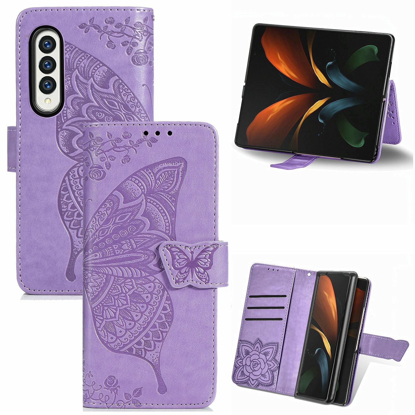 V562-F104859100AYS-202503211331-00 For Samsung Galaxy Z Fold4 5G Embossed Butterfly Love Leather Case - Flower Design - Light Purple - Image 1