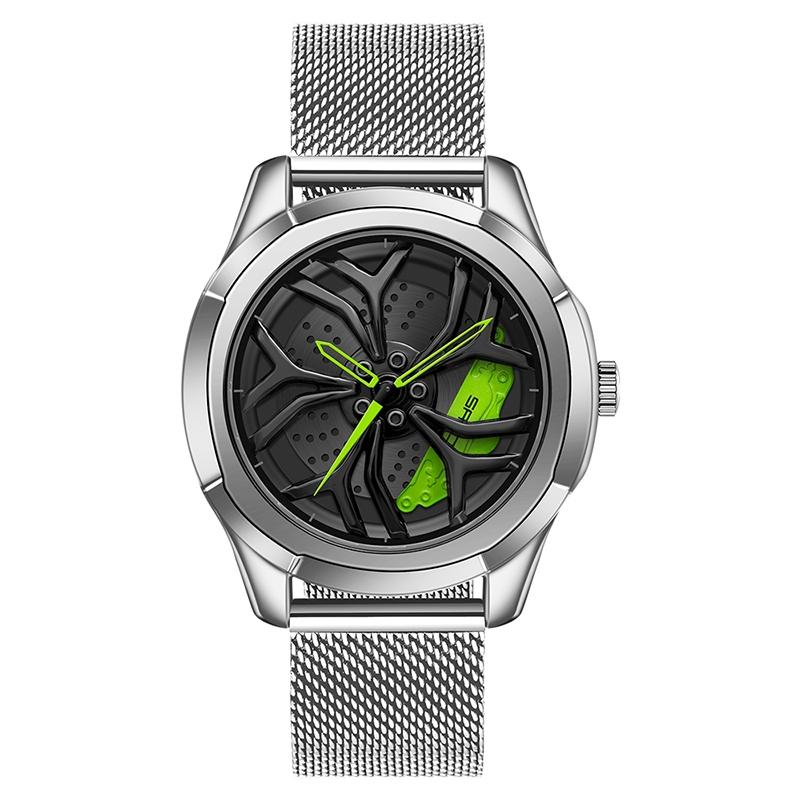V562-F301432200ADE-202505211930-00 Men Mesh Belt Quartz Watch with 3d Hollow out Wheel - Silver Green - Image 1