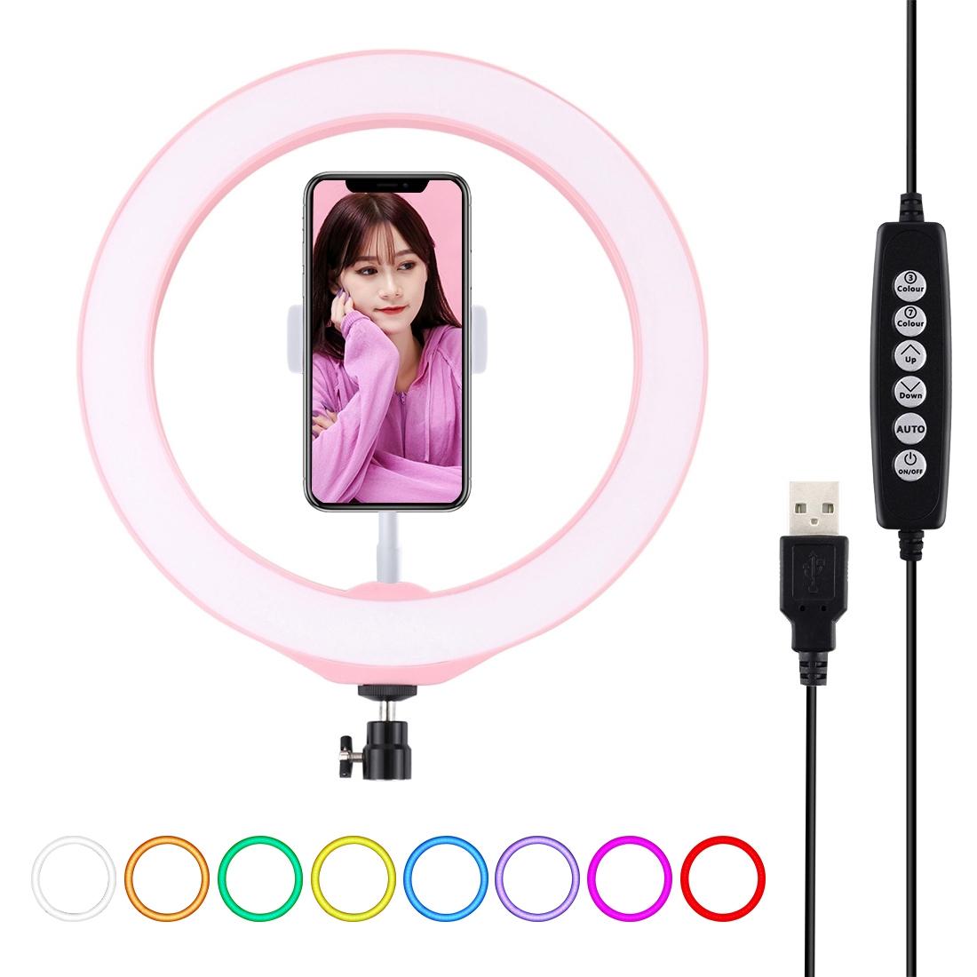 V562-F334UP-202502241430-00 10.2 Usb Led Ring Light with 10 Modes Cold Shoe Tripod & Phone Clamp - Pink - Image 1
