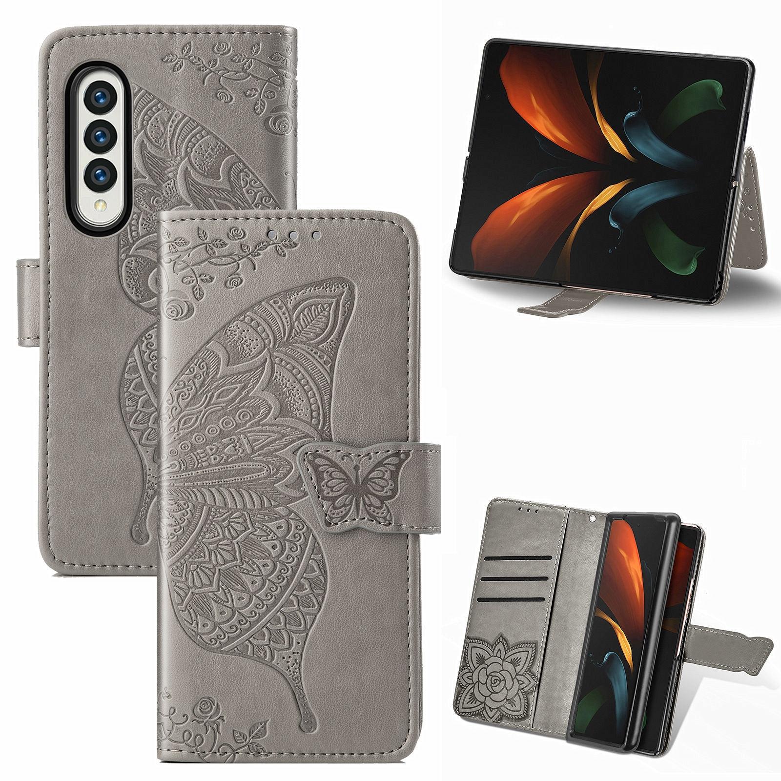 V562-G104859100AYS-202503211331-00 For Samsung Galaxy Z Fold4 5G Embossed Butterfly Love Leather Case - Flower Design - Gray - Image 1