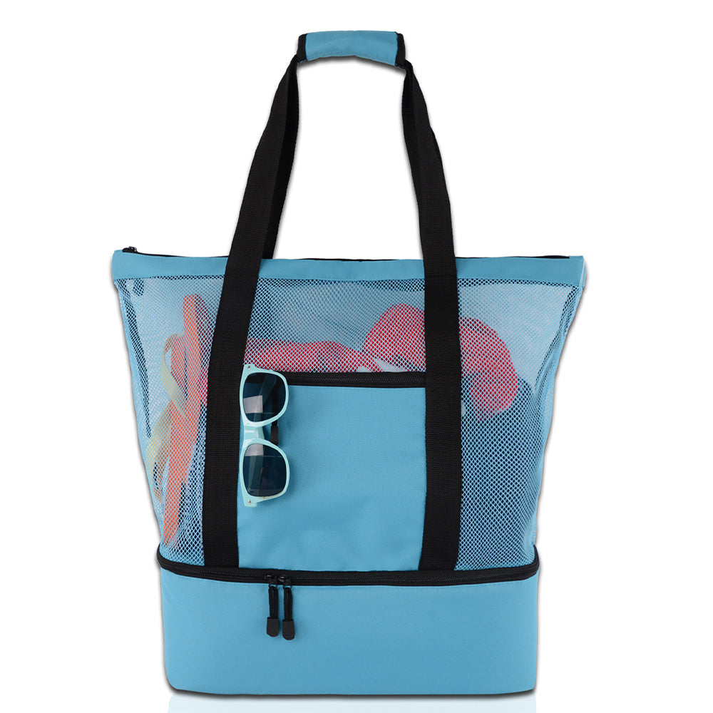 V562-GU23-TA27BLUE-202503280152-00 Vibe Geeks 2 in 1 Mesh Beach Tote Bag with Insulated Cooler - Blue - Image 1