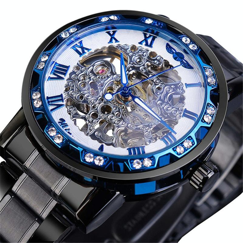 V562-K1022033060DBT-202505271230-00 Men Skeleton Diamond Mechanical Watch - Luminous Pointer - Black Belt White Face Blue Word - Image 1