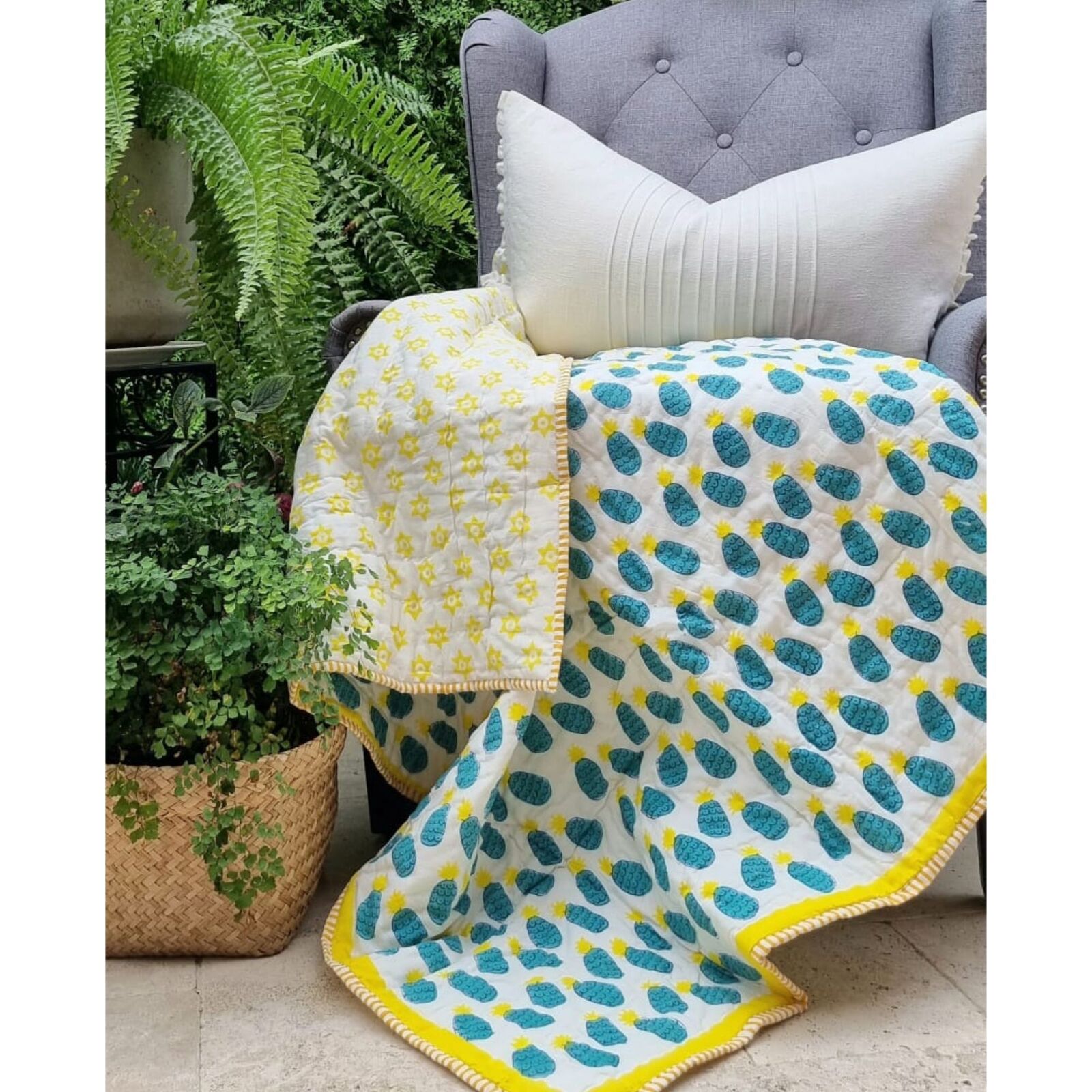 V563-0002-150381-00 GOTS Certified Organic Cotton Reversible Baby Quilt (100x120cm) - Blue Pineapple - Image 1