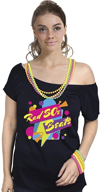 V563-12163-02-185751-00 Rad 80s Beats Womens T Shirt Costume Ladies 1980s Fancy Dress Up Top - Black - Image 1