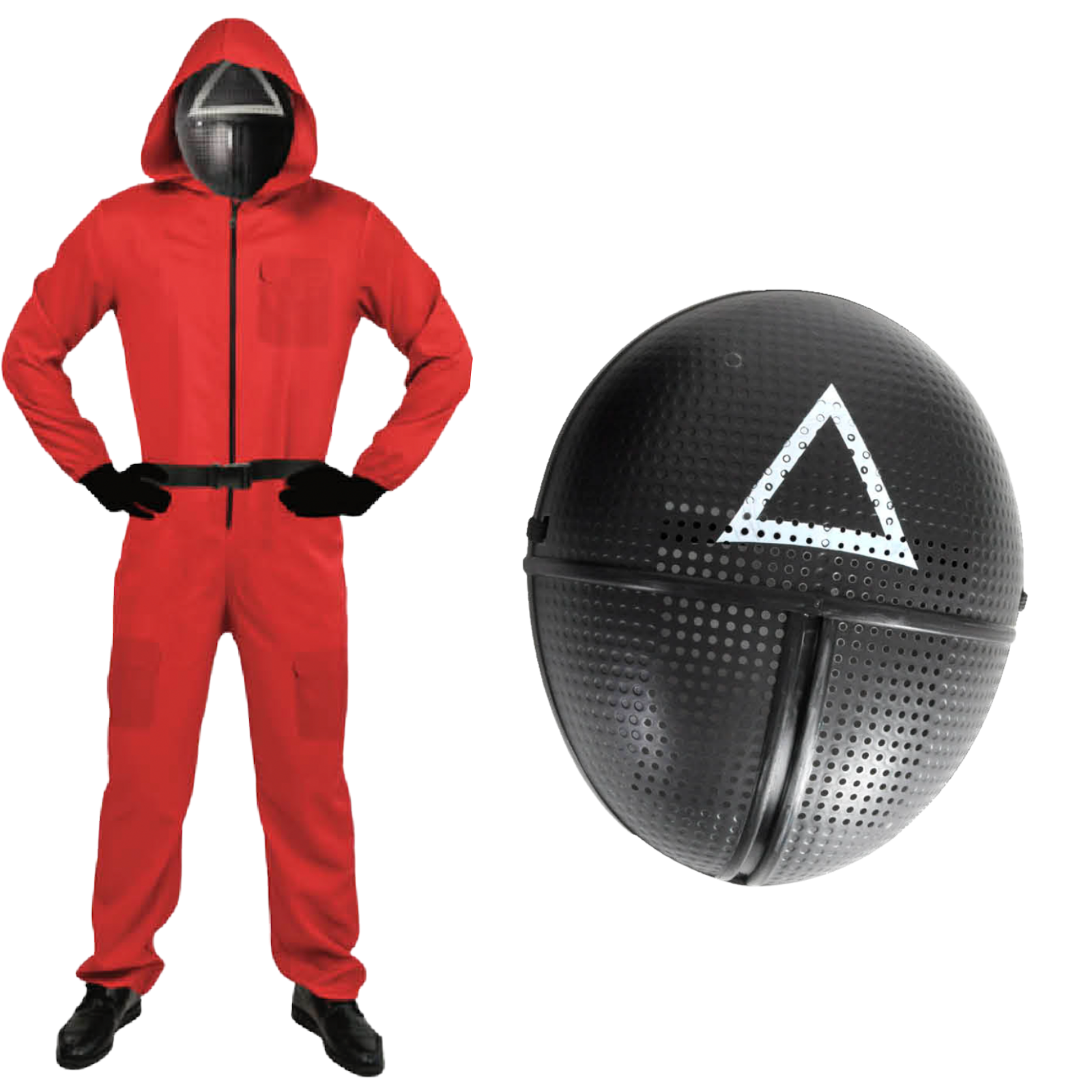 V563-12233_16811-02-S_M-202503051445-00 Adult Squid Game Guard Tracksuit Red Full Party Costume Set w/ Mask - Triangle Mask - S/M - Image 1