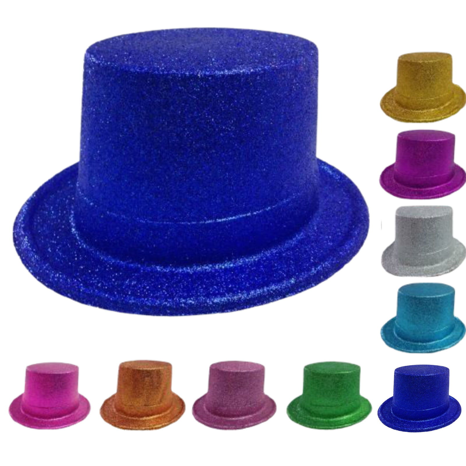 V563-12GLTRTOPHAT-MXC-197197-00 12x GLITTER TOP HAT Fancy Party Plastic Costume Tall Cap Fun Dress Up BULK - Mixed Colour Pack - Image 1