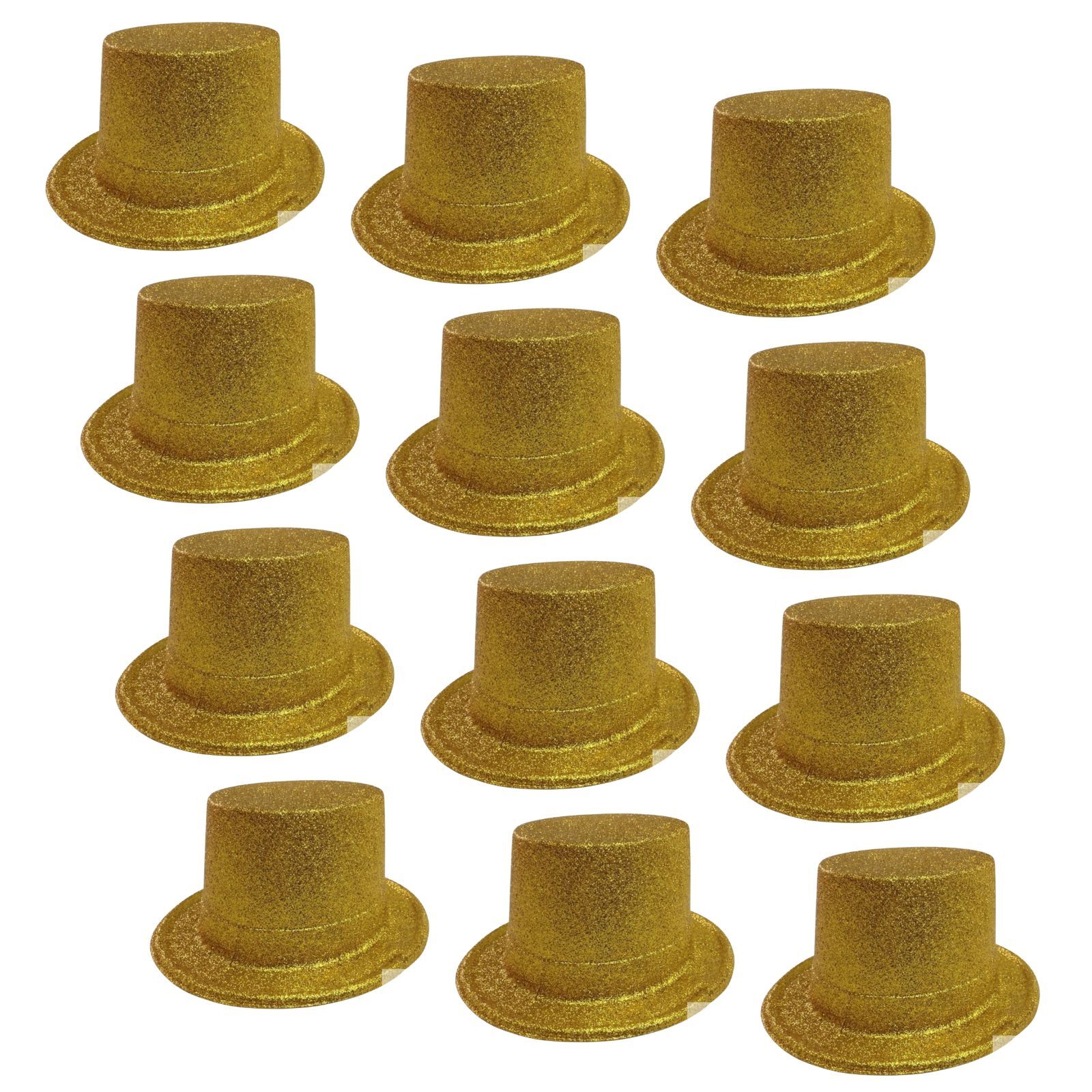 V563-12GLTRTOPHAT-YLWGLD-197202-00 12x GLITTER TOP HAT Fancy Party Plastic Costume Tall Cap Fun Dress Up BULK - Yellow/Gold - Image 1