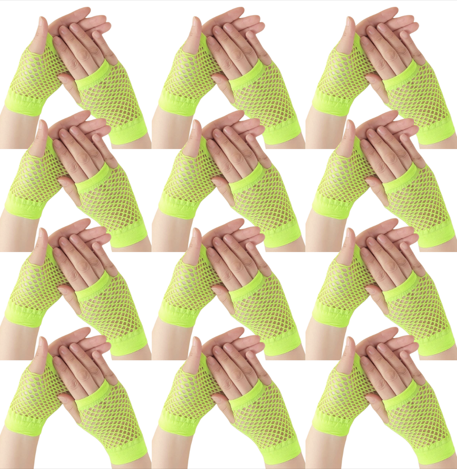 V563-12PCS-18510-FLUROYELLOW-184304-00 12 Pair Fishnet Gloves Fingerless Wrist Length 70s 80s Costume Party - Fluro Yellow - Image 1