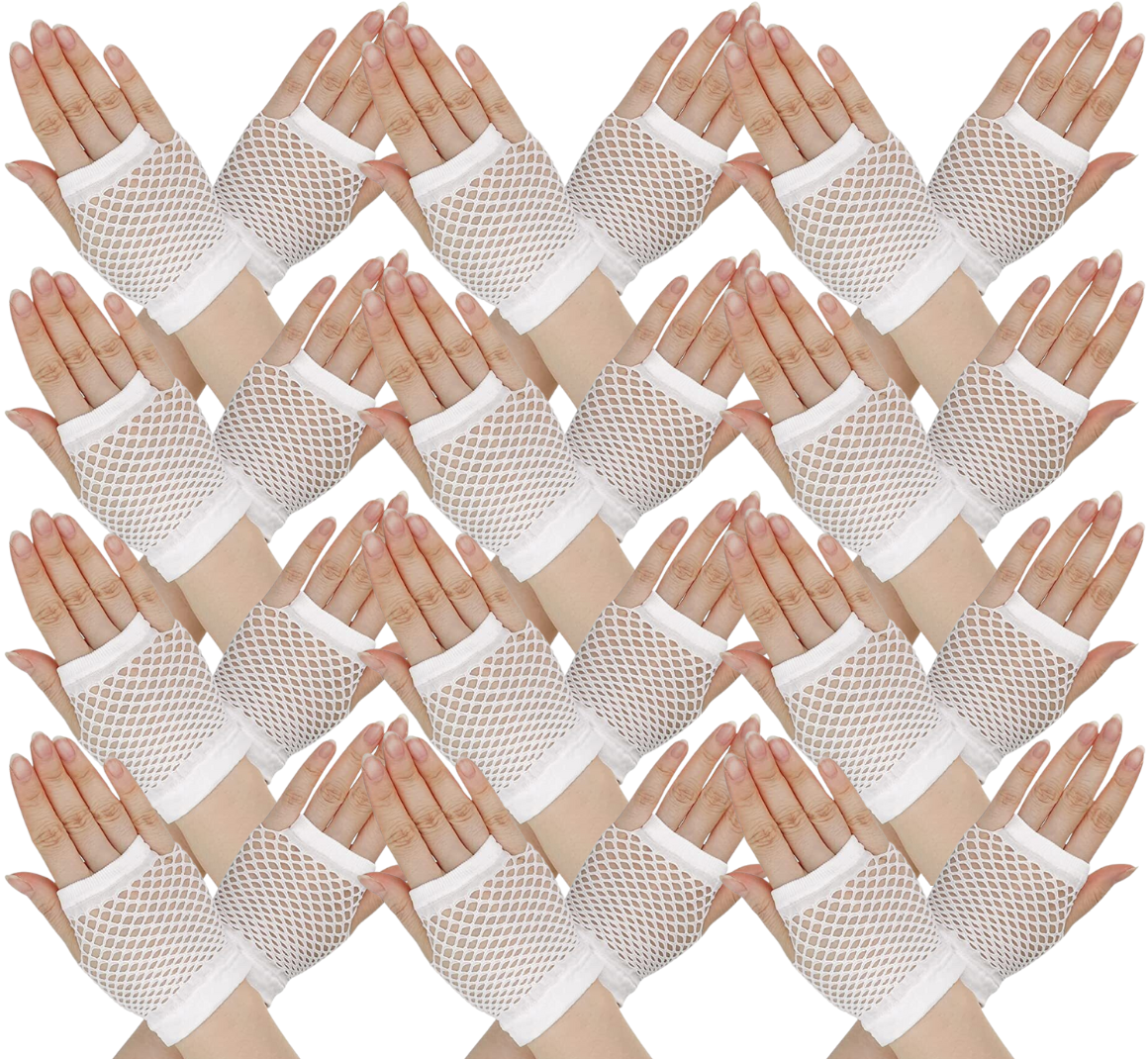 V563-12PCS-18510-WHITE-184322-00 12 Pair Fishnet Gloves Fingerless Wrist Length 70s 80s Costume Party - White - Image 1