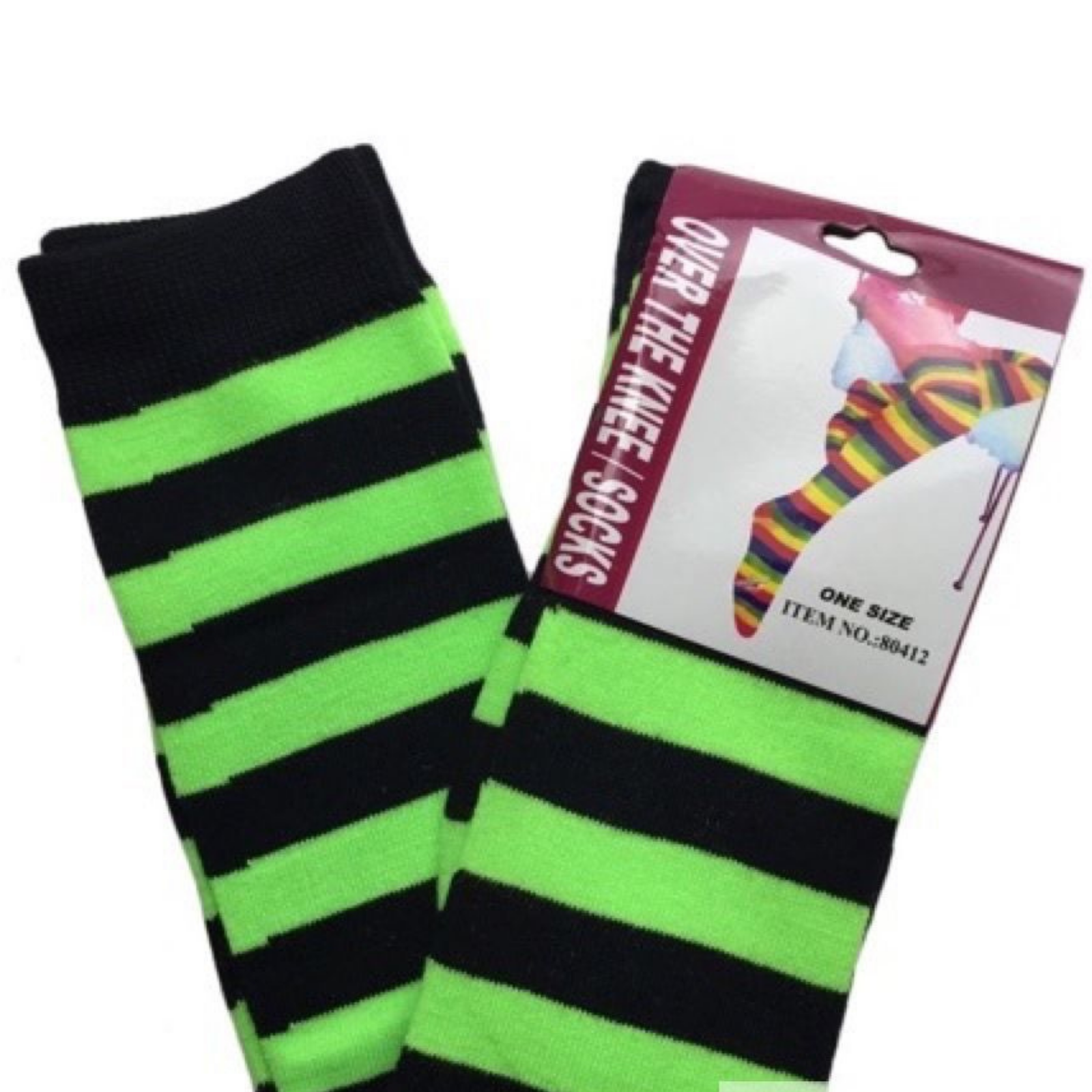 V563-15350-GREEN_BLACK-184350-00 OVER THE KNEE SOCKS Plain Striped High Thigh Ladies Long Womens Stripey Stocking - Green/Black - Image 1