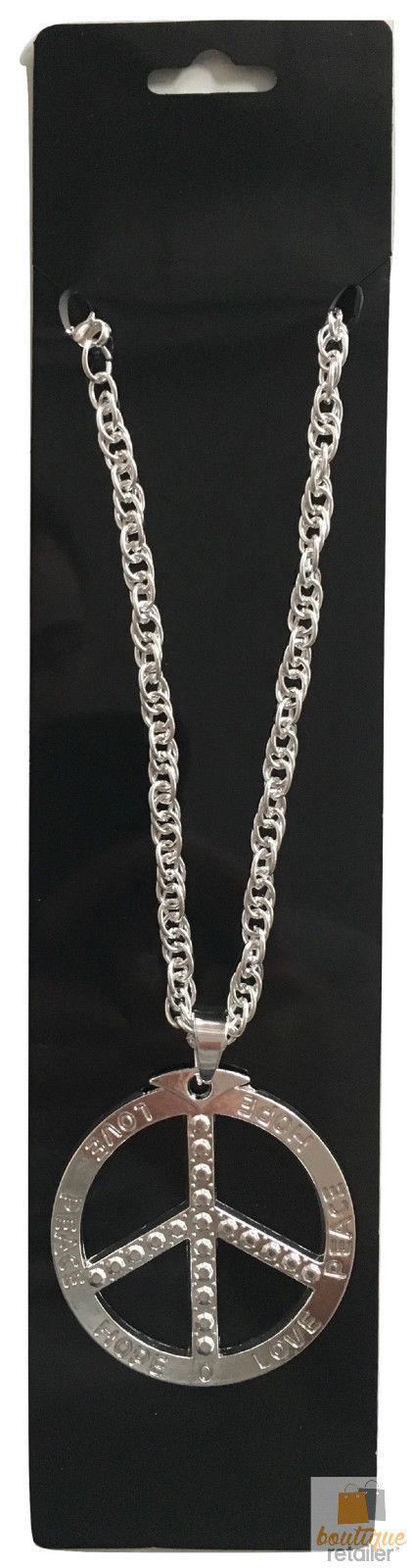 V563-15800-PEACE-SILVER-202503051745-00 PEACE Sign Metal Necklace Chain Hippie Costume Party Pendant Chain Jewellery 70s 60s - Silver - Image 1
