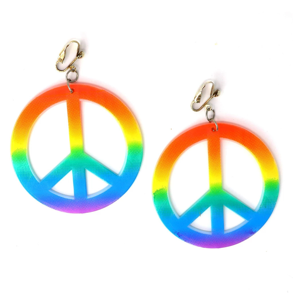 V563-16331-185630-00 PEACE EARRINGS Hippie 60s 70s Costume Fancy Dress Party Hippy Groovy Boho - Image 1