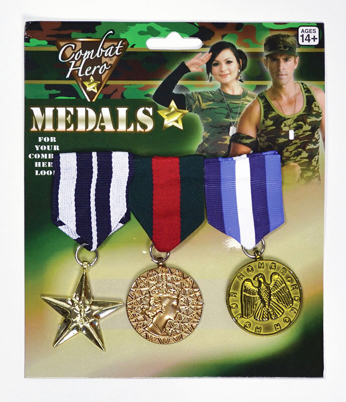V563-17771-184461-00 3x Army Solider Medals Combat Party Costume Halloween Fancy Dress Replica - Image 1