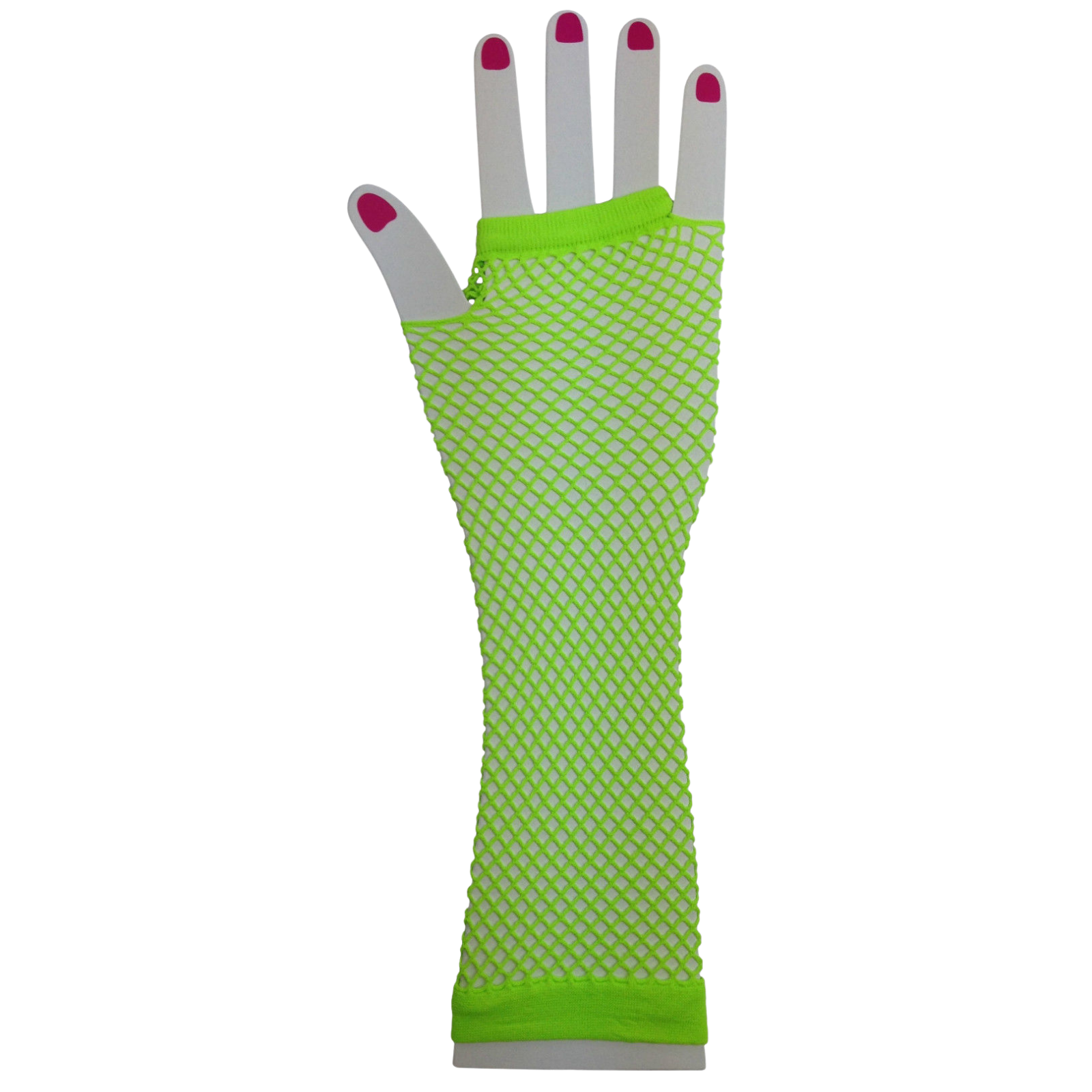 V563-18500-FLUROGREEN-202503051715-00 FISHNET GLOVES Fingerless Elbow Length 70s 80s Womens Costume Party Dance - Fluro Green - One Size - Image 1
