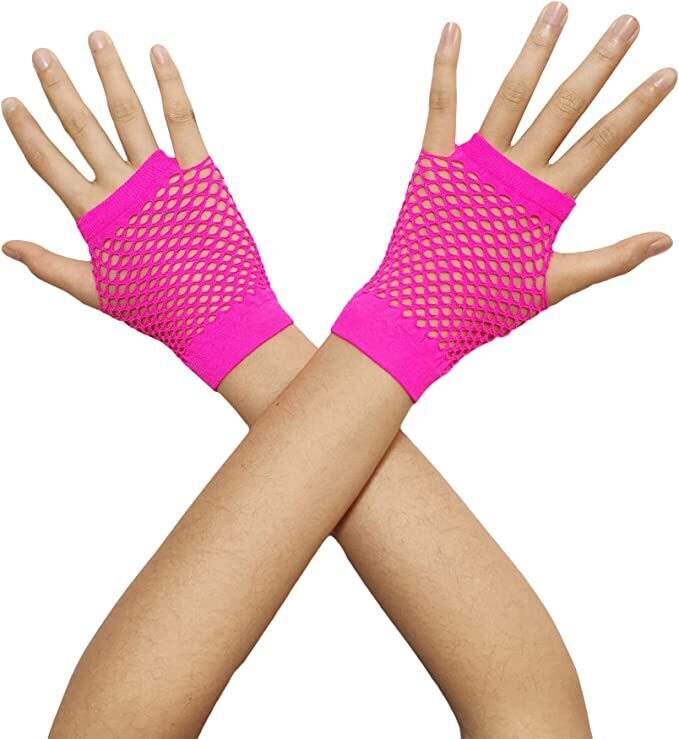 V563-18510-HOTPINK-184974-00 1 Pair Fishnet Gloves Fingerless Wrist Length 70s 80s Costume Party - Hot Pink - Image 1